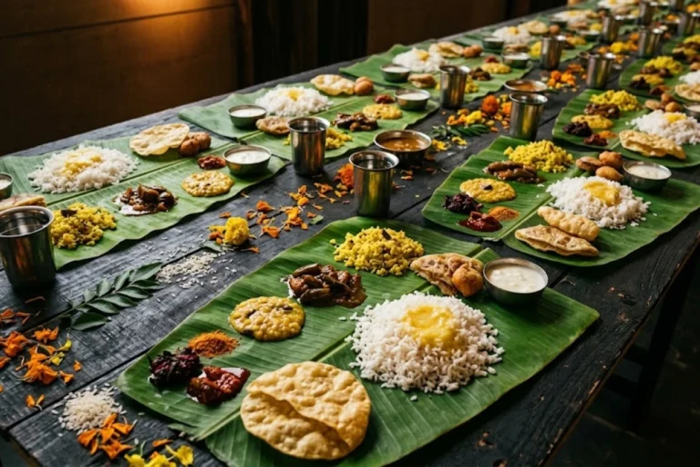 Andhra wedding catering in Bangalore — banana-leaf meals with rice, pulihora, pulusu and pickles by Nandhini Deluxe