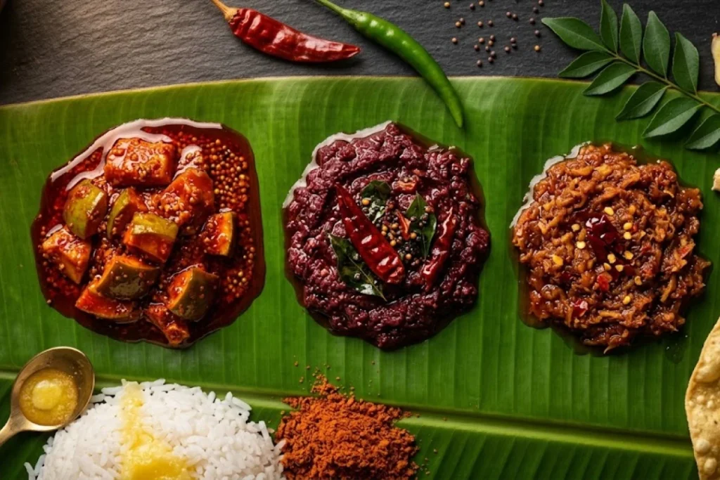 Andhra pickles — avakaya, gongura pachadi and allam pachadi on banana leaf at Nandhini Deluxe Bangalore