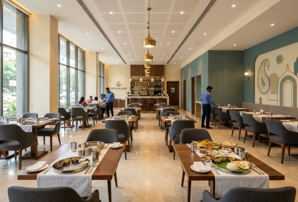 Modern family-dining interior at Nandhini Deluxe Jayalakshmipuram Mysuru with Andhra meals served on banana leaves