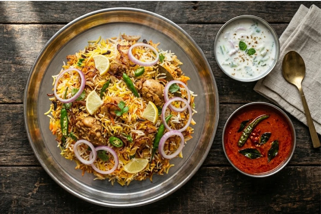 Andhra chicken biryani with raita and mirchi salan served at Nandhini Deluxe Jayalakshmipuram Mysuru