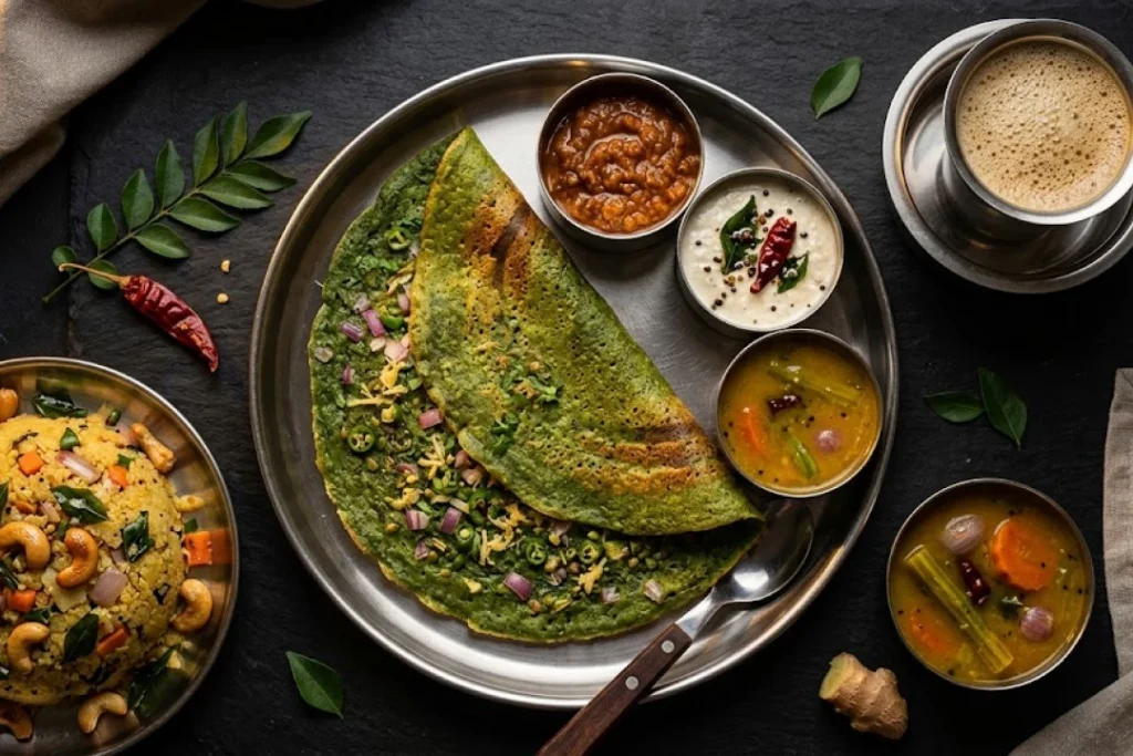 Andhra tiffin spread with pesarattu, allam pachadi, coconut chutney, upma and filter coffee at Nandhini Deluxe Bangalore