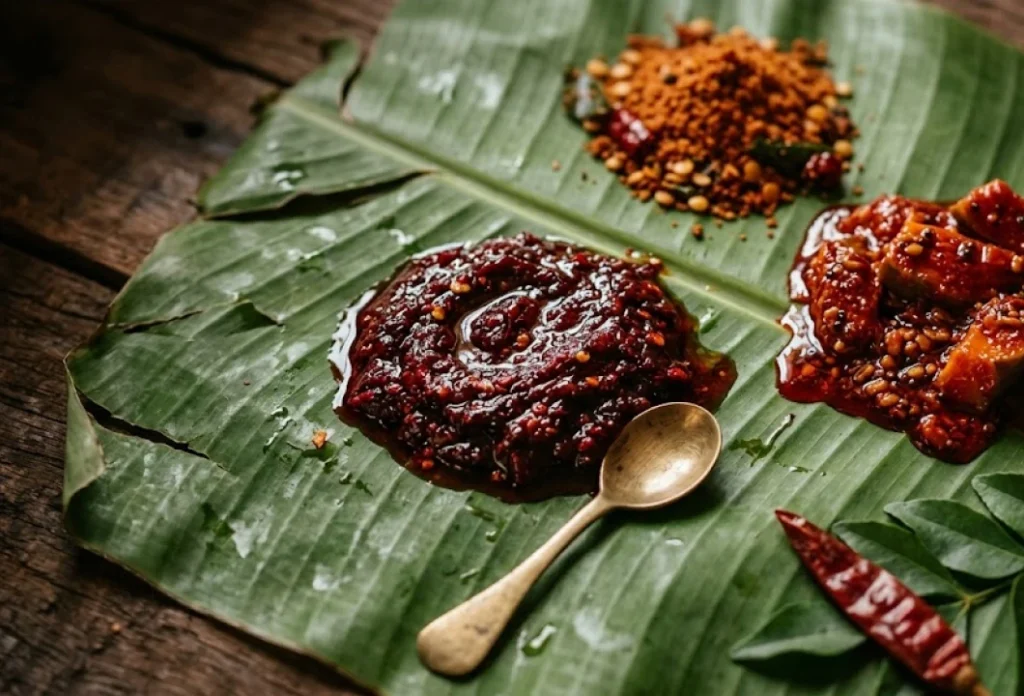 Andhra pickles on banana leaf — gongura pachadi, avakaya mango pickle and karam podi served at Nandhini Deluxe Bangalore