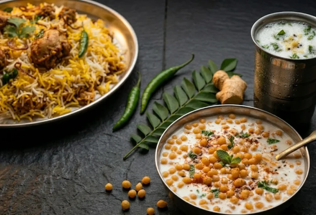 Cooling sides for Andhra biryani — boondi raita and salted buttermilk to balance spice at Nandhini Deluxe Bangalore