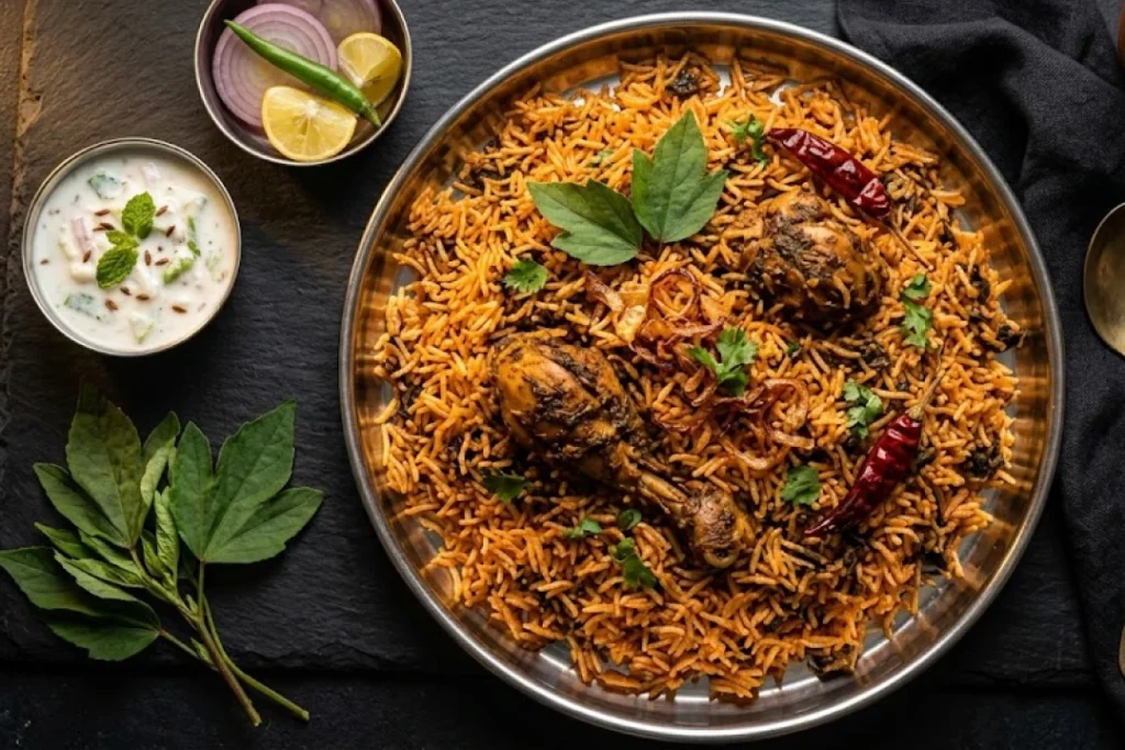 Gongura chicken biryani with raita and sorrel leaves — Andhra speciality biryani at Nandhini Deluxe Bangalore