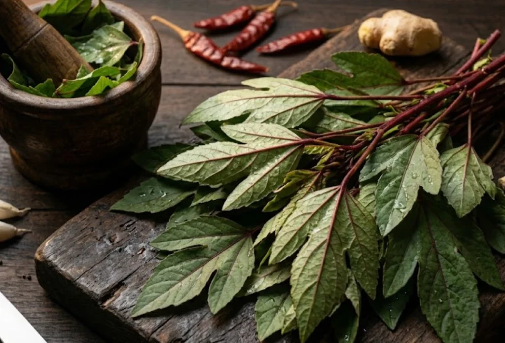 Fresh red-stemmed gongura sorrel leaves used in Andhra gongura mamsam — Hibiscus sabdariffa var. rubra