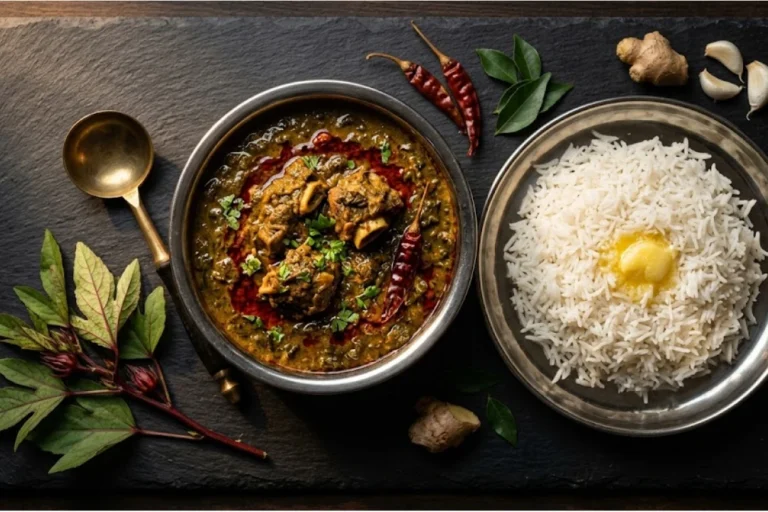 Gongura mamsam — Andhra mutton curry with sorrel leaves served with hot rice at Nandhini Deluxe Bangalore