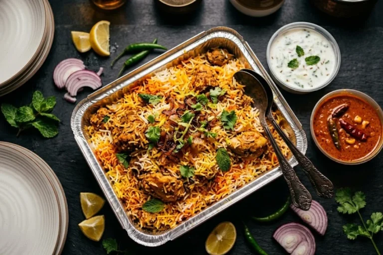 Biryani family pack with raita, salan and serving plates — Andhra chicken biryani for 3 to 4 people at Nandhini Deluxe