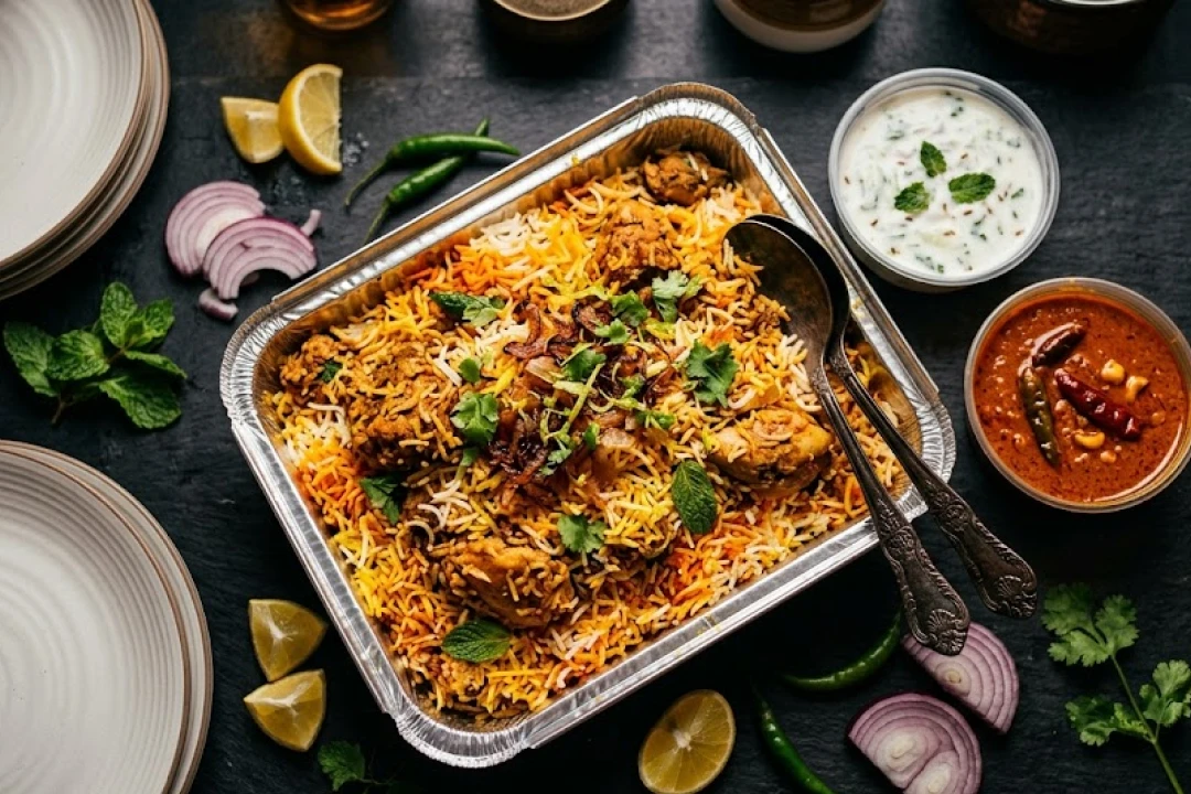 Biryani family pack with raita, salan and serving plates — Andhra chicken biryani for 3 to 4 people at Nandhini Deluxe