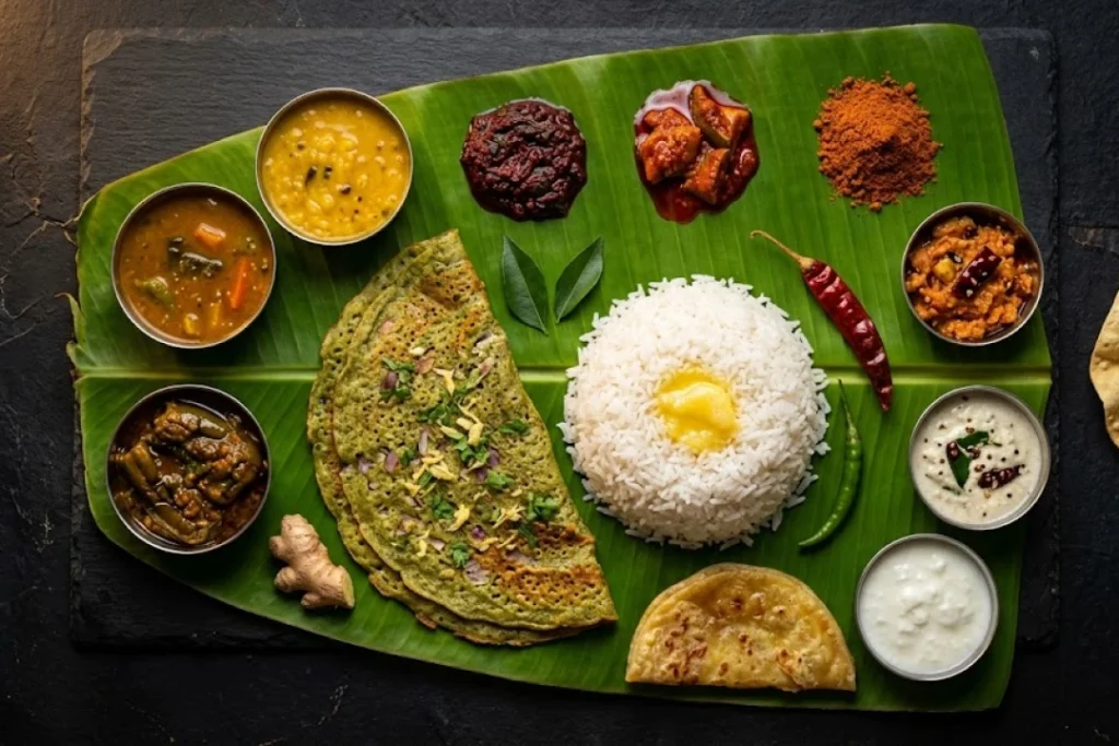 Andhra meal with pesarattu, rice, pappu, koora, gongura pachadi, avakaya and chutneys at Nandhini Deluxe Bangalore