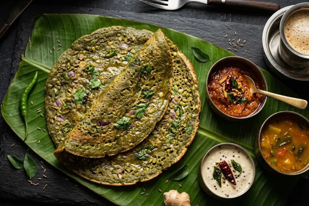 Pesarattu in Bangalore — green moong dal crepe with allam pachadi, coconut chutney and sambar at Nandhini Deluxe