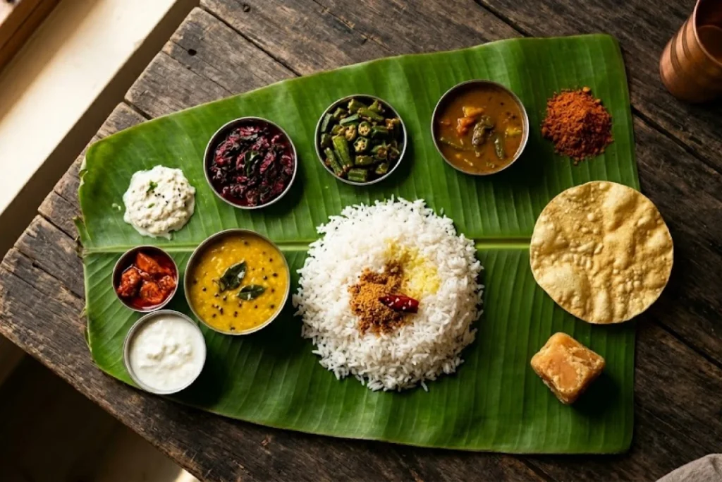 Andhra mess thali on banana leaf with pappu, pulusu, koora, gongura pachadi, podi, papad and rice at Nandhini Deluxe Bangalore