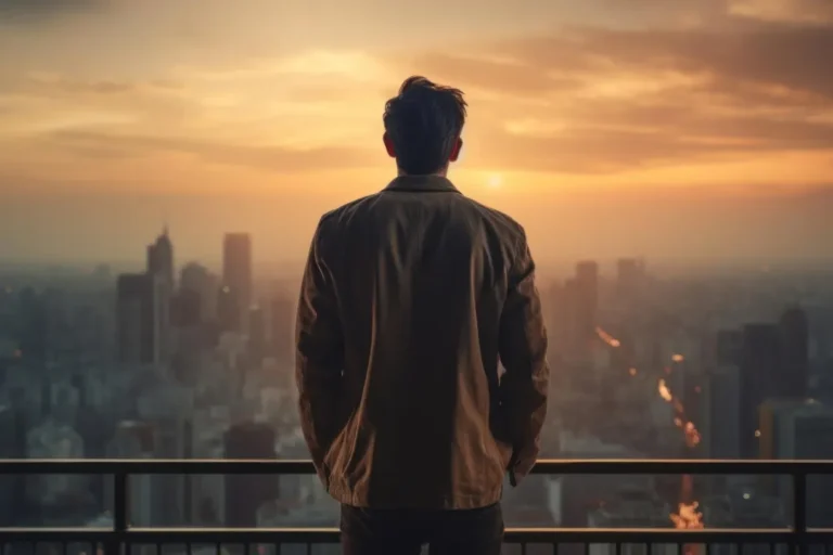 Man standing on a rooftop balcony at sunset, looking out over the Bangalore city skyline.