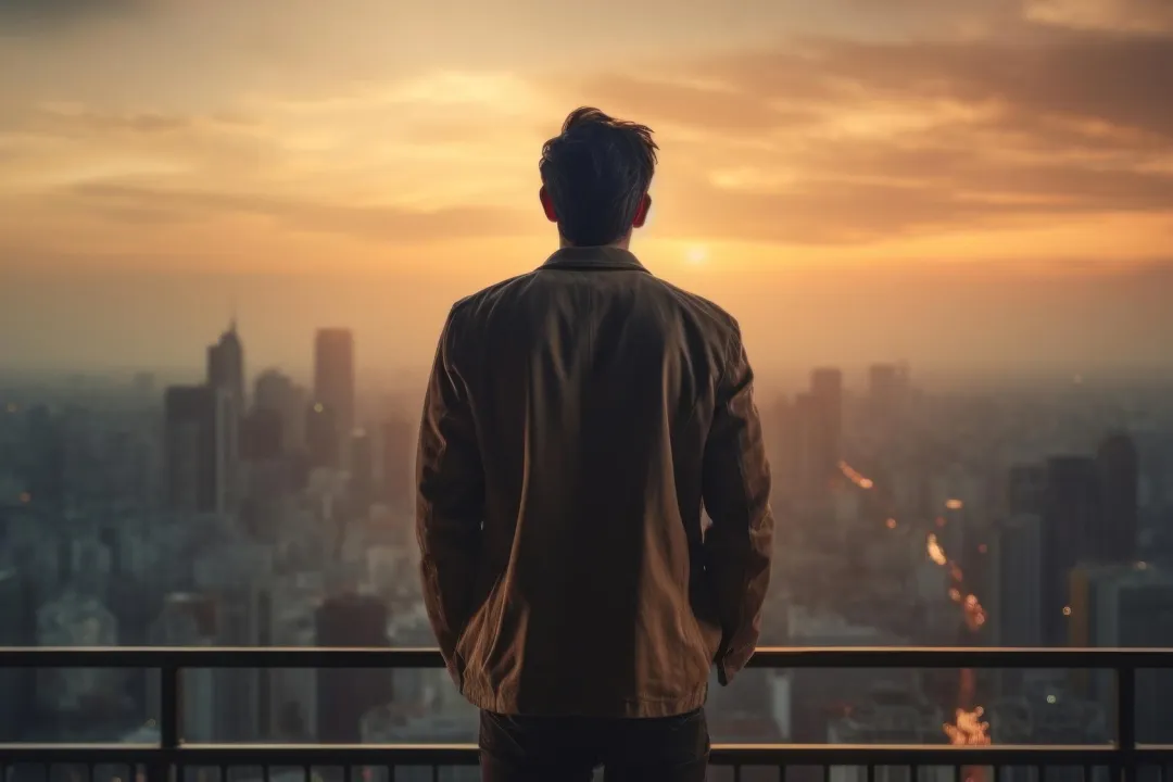 Man standing on a rooftop balcony at sunset, looking out over the Bangalore city skyline.