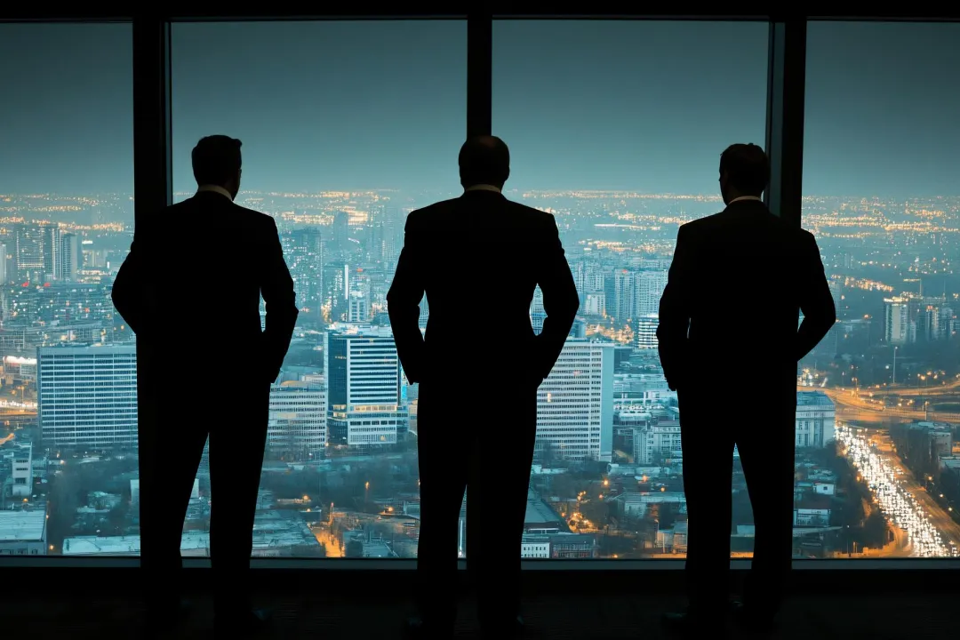 Three men in suits stand in silhouette at a high window, looking out over a city skyline lit up at dusk.