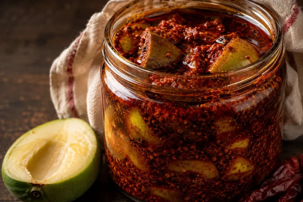 Avakaya, the Andhra raw-mango pickle, in a jar with a halved green mango and dried red chilli