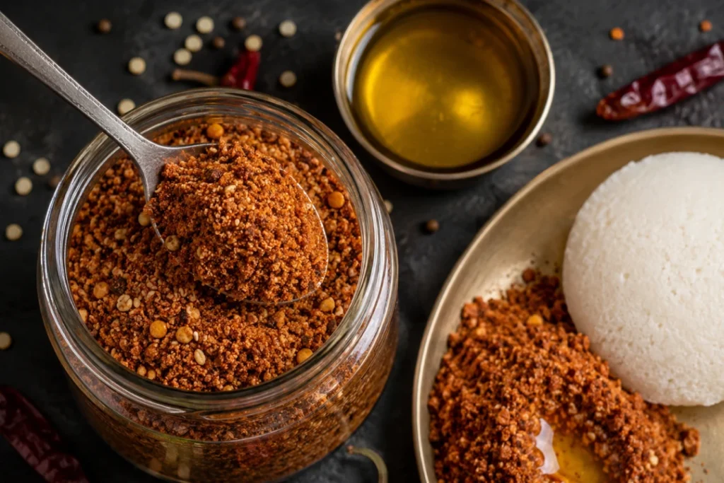 Idli podi, the roasted lentil-and-chilli powder, served with idli, ghee and dried red chillies