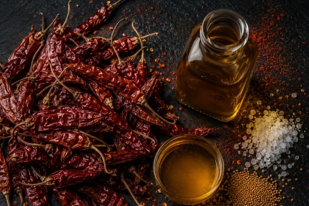 The base of Andhra pickles and podis – dried red chillies, oil, rock salt and mustard seeds