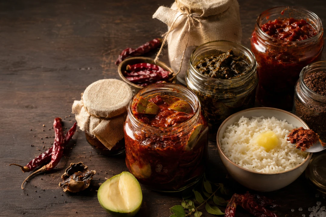 Andhra pickles, podis and preserves – jars of avakaya and gongura with rice, ghee and dried chillies