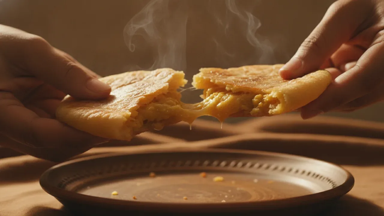 Hands breaking open a bobbatlu Andhra sweet flatbread with a soft jaggery filling