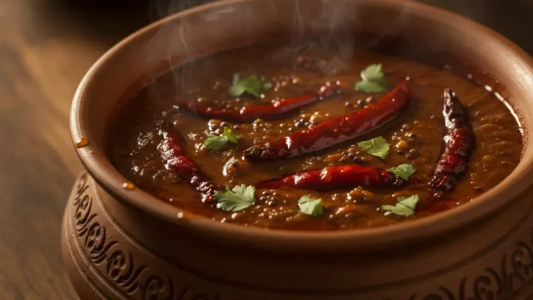 Steaming salan, a dark spiced gravy topped with whole red chillies and coriander, in a clay pot