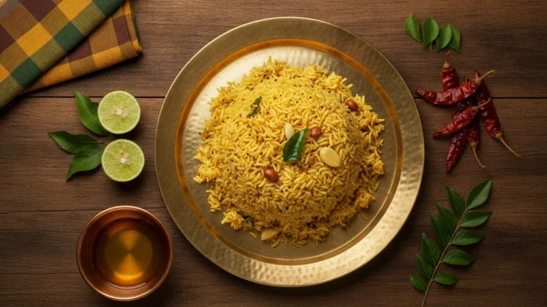 Andhra pulihora tamarind rice on a brass plate with lime, curry leaves and red chillies