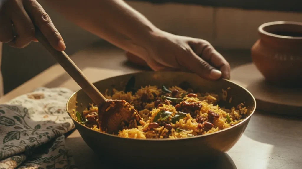 Hands mixing pulihora tamarind rice with a wooden spoon in a brass bowl