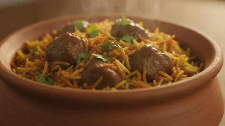 Ulavacharu biryani with tender meat and coriander steaming in a clay pot