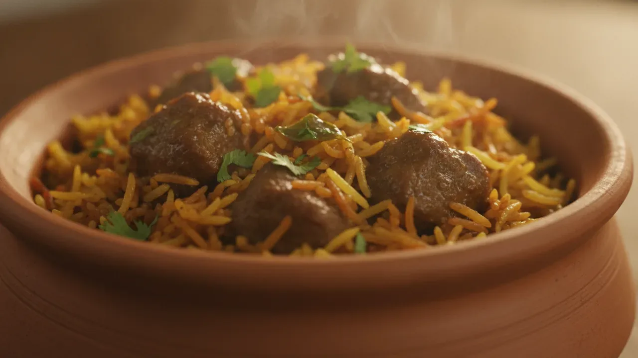Ulavacharu biryani with tender meat and coriander steaming in a clay pot