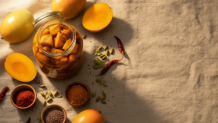 Jar of Andhra avakaya mango pickle with cut mango, chilli powder and mustard seeds