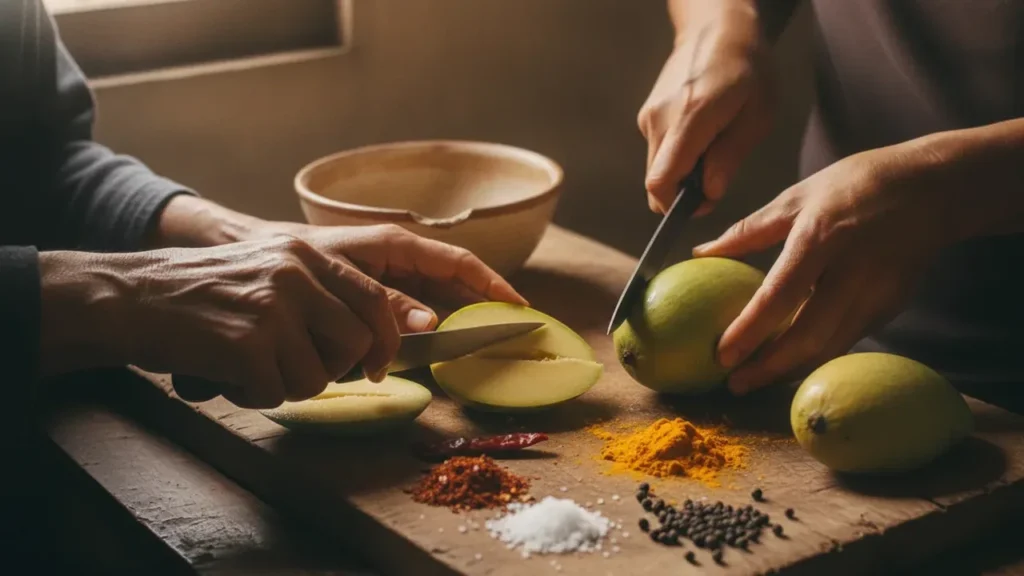 Hands cutting raw green mangoes for avakaya beside chilli, salt, turmeric and black spices