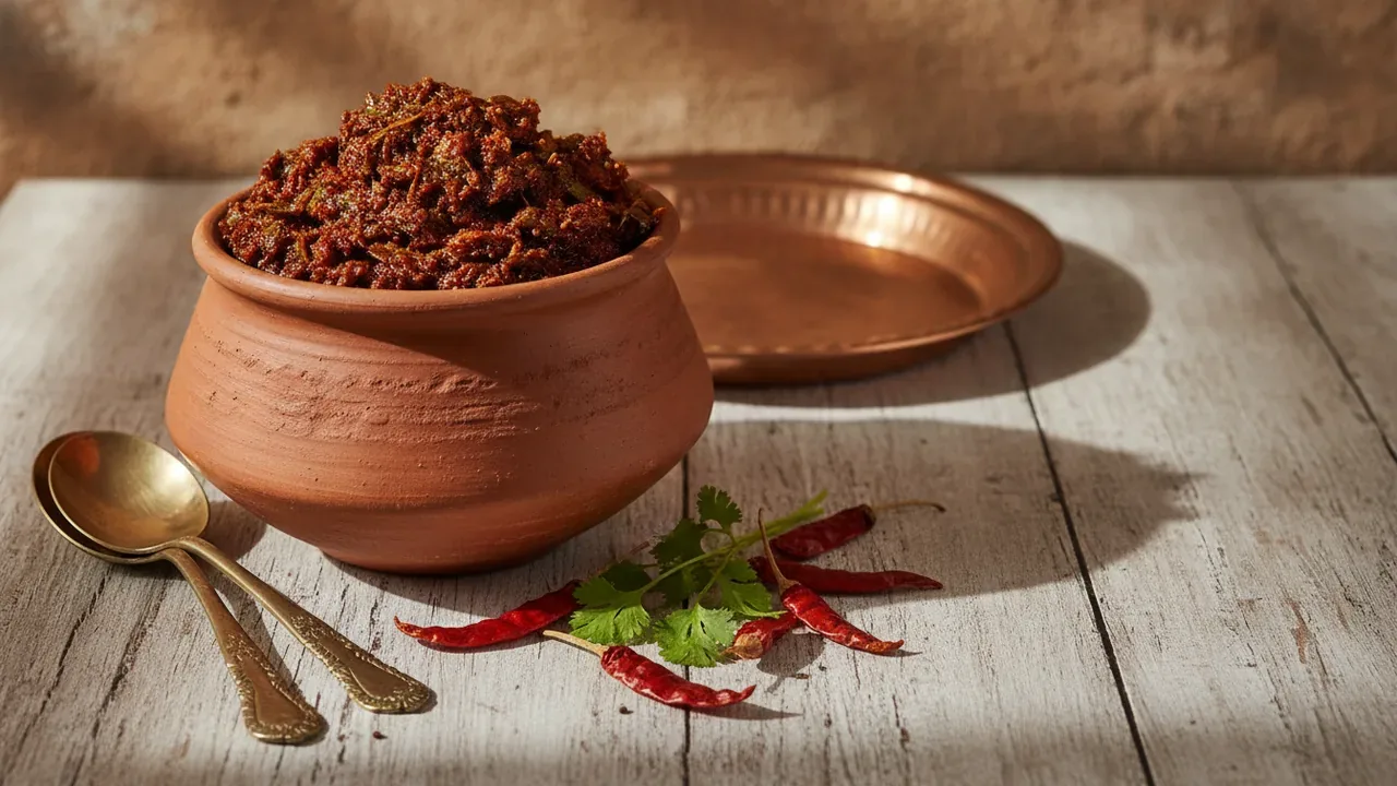 Jar of Andhra avakaya mango pickle with cut mango, chilli powder and mustard seeds