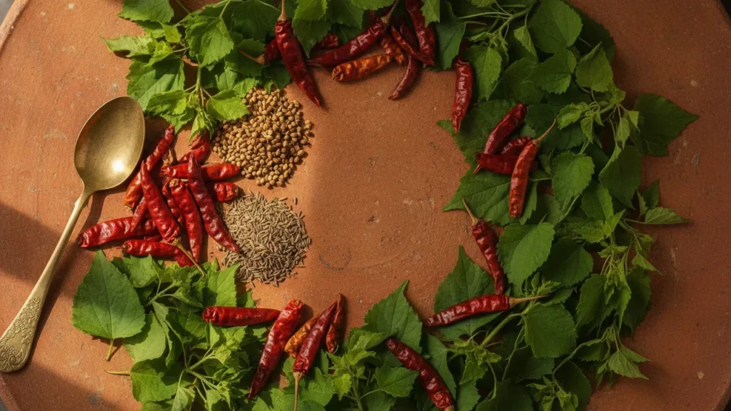 Gongura pachadi, the tangy Andhra sorrel-leaf chutney, in a clay pot with dried red chillies