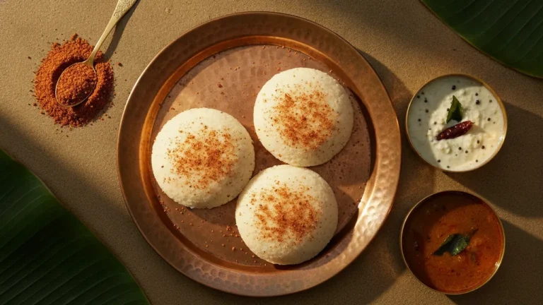 Idli podi dusted over idlis on a copper plate with coconut chutney and sambar