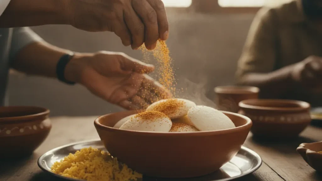 Hands sprinkling idli podi over a bowl of steaming idlis at the table