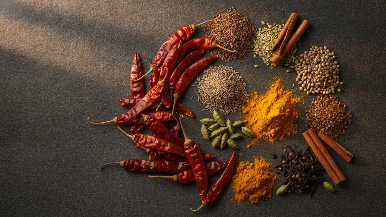 Dried red chillies and whole spices laid out for grinding Andhra podi