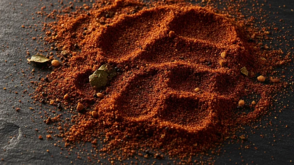 Coarse red karam podi spread on dark stone with curry leaf and whole spices