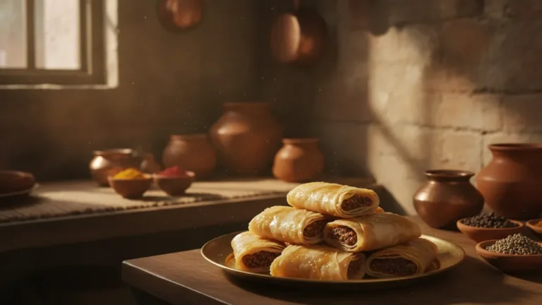 Stacked pootharekulu, the paper-thin Andhra sweet, on a brass plate in a rustic kitchen