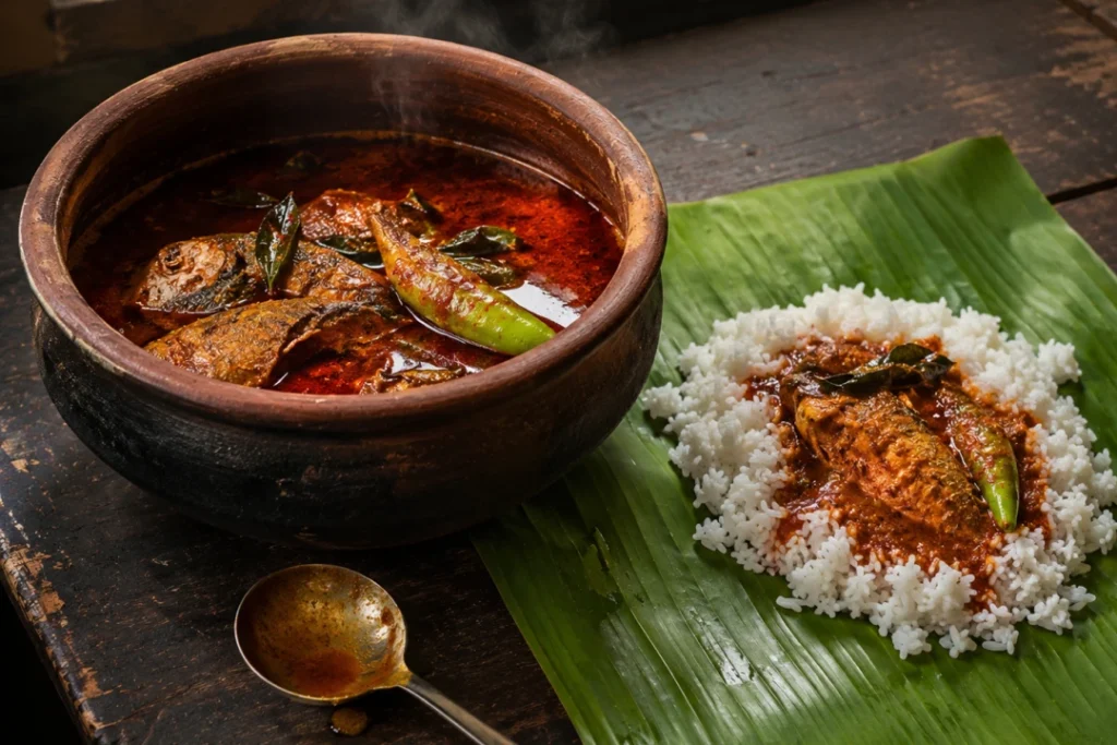 Chepala pulusu, a tangy Andhra fish curry, served in a clay pot with steamed rice on a banana leaf
