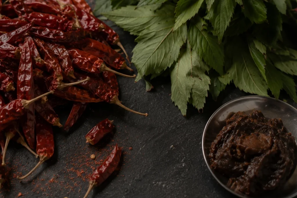Gongura pachadi ingredients – dried red chillies, fresh gongura leaves and the dark sorrel chutney