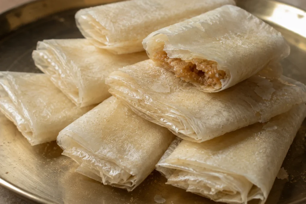 Pootharekulu, the paper-thin Andhra sweet filled with jaggery, stacked on a brass plate