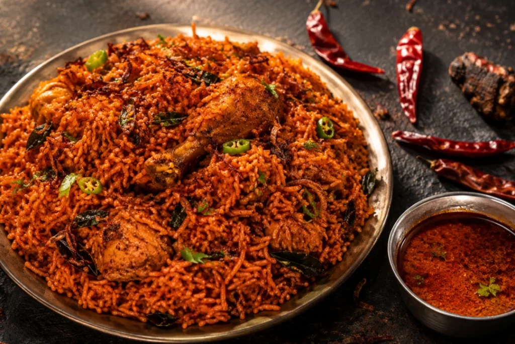 Andhra biryani, a fiery red chicken biryani served with a spicy gravy and dried red chillies
