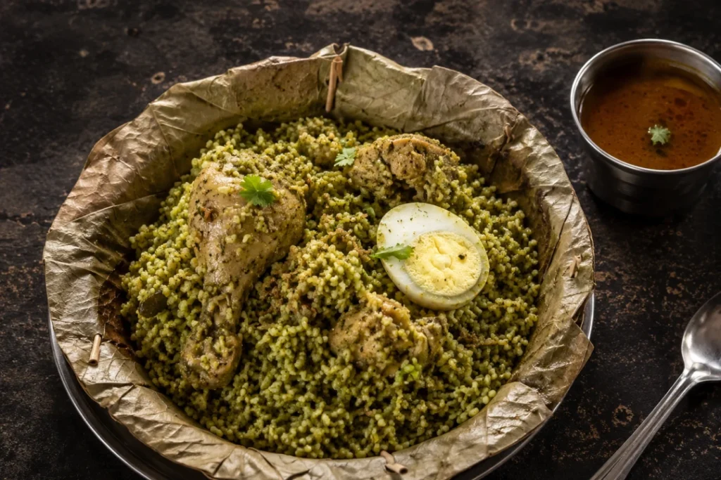 Donne biryani, Bengaluru's green herb biryani served in a leaf bowl with chicken and egg