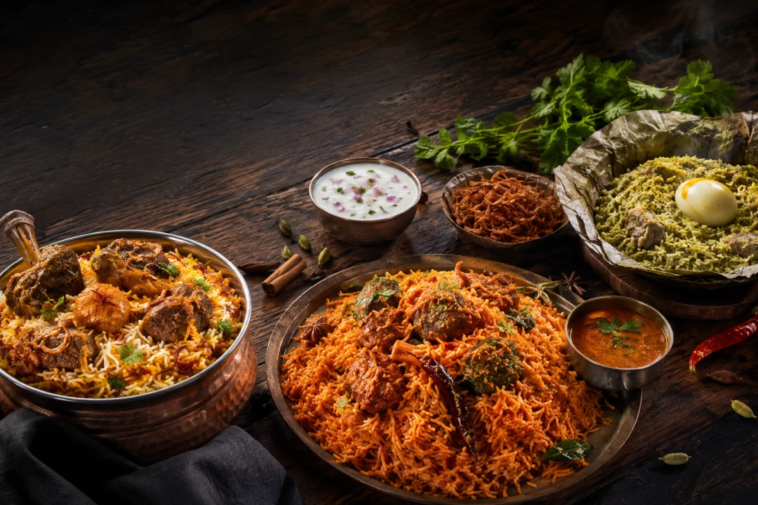 Types of biryani in India laid out together – three regional biryanis with raita, fried onions and gravy