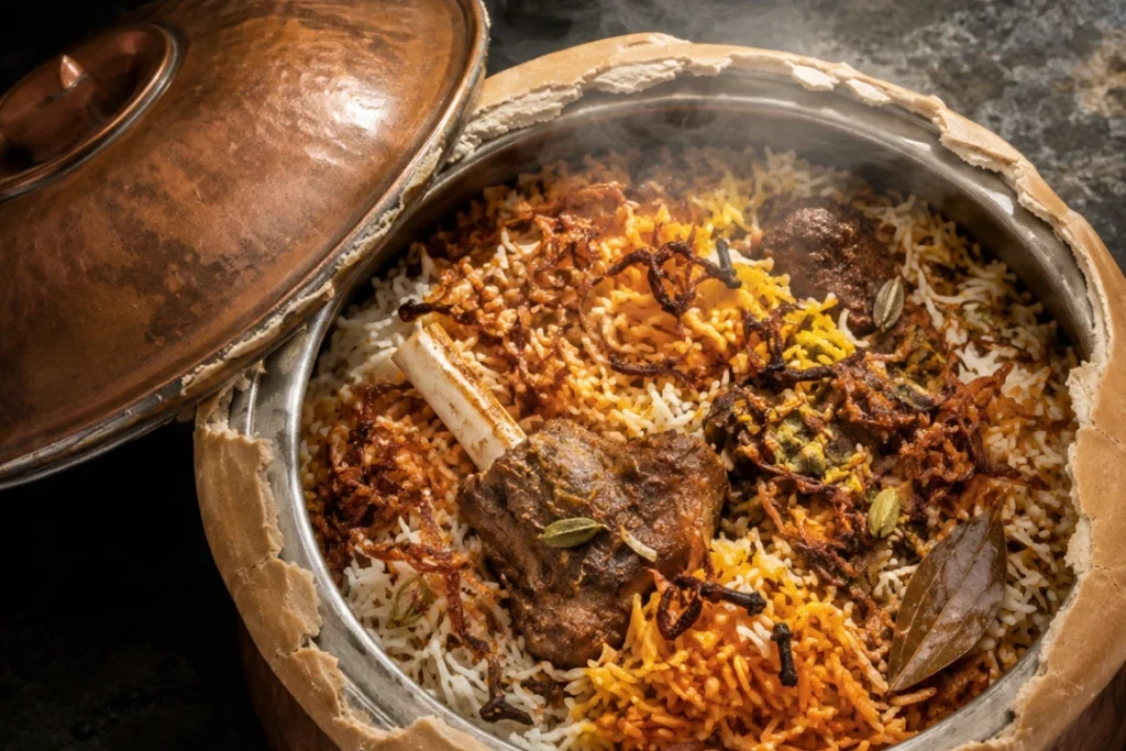 Hyderabadi dum biryani in a dough-sealed handi, with mutton, saffron rice and whole spices