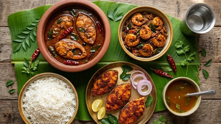 Andhra fish curry, prawn fry and rice spread