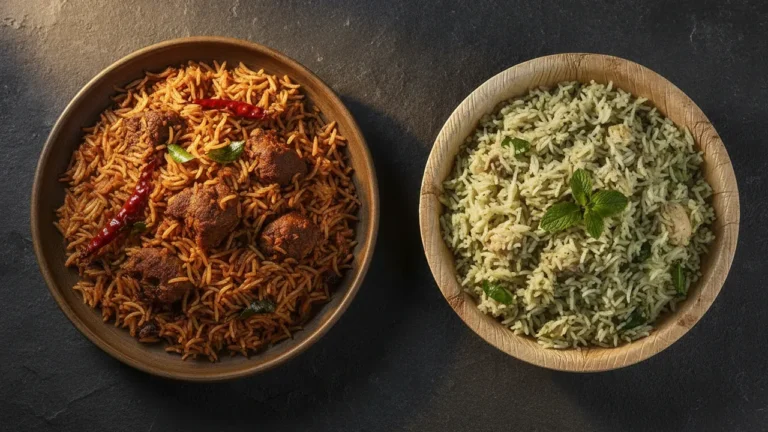 Andhra biryani and Donne biryani compared side by side in two bowls