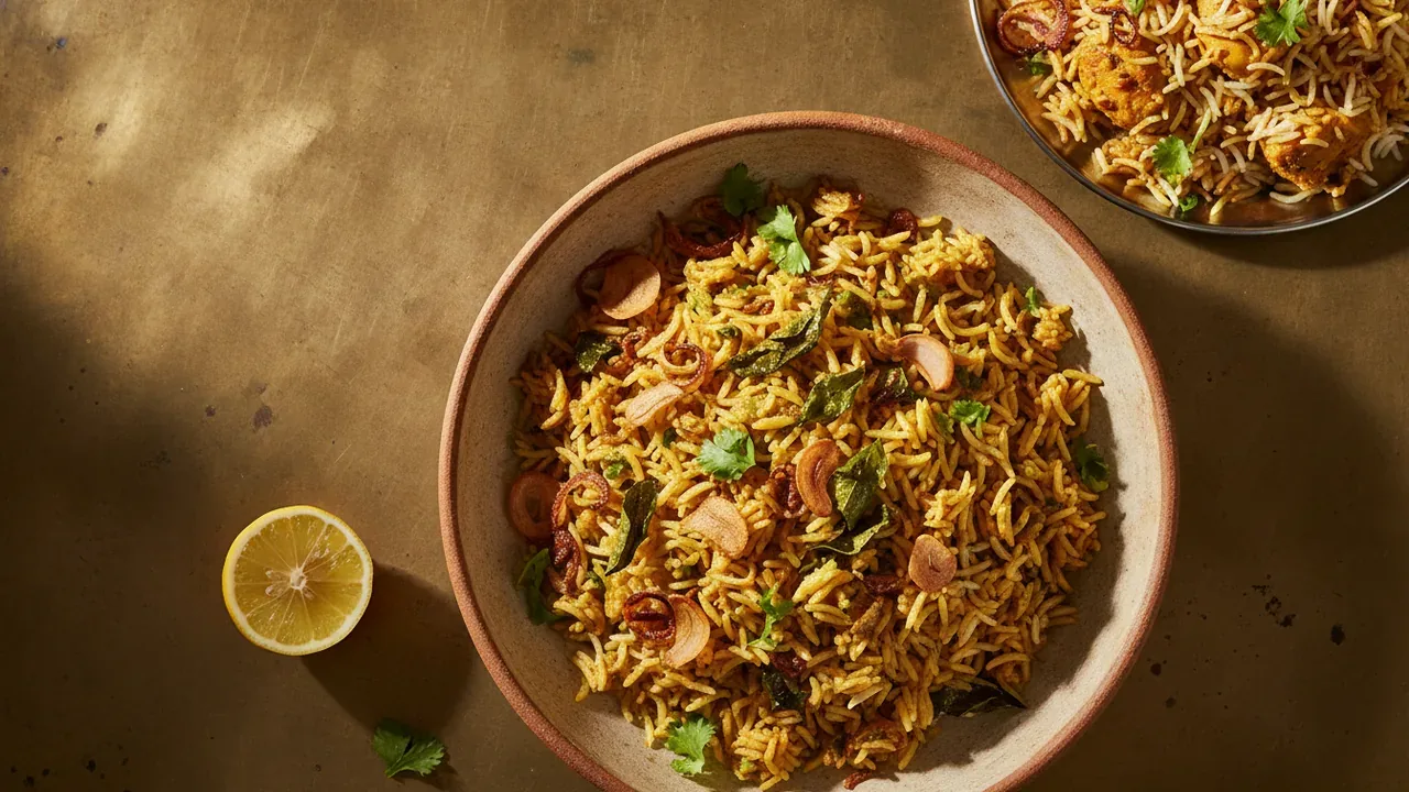 Vijayawada biryani in a bowl with fried onions and lemon