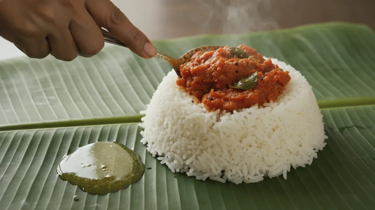 Tomato Pachadi Andhra chutney served over rice on a banana leaf