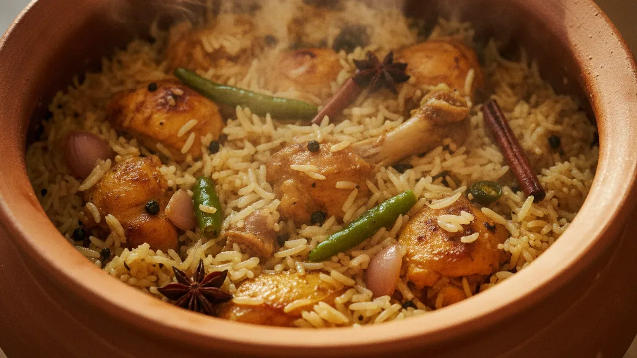 Andhra kodi pulao with chicken and whole spices in a clay pot