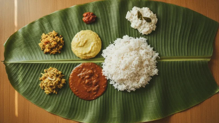Andhra banana leaf meal with dal, rice, curd and curries